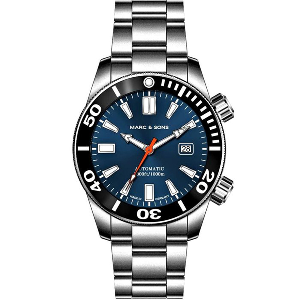 Marc & Sons Professional Automatic Diver Men\'s Watch 46mm Black Bezel/Sun-Blue Dial MSD-028-25S